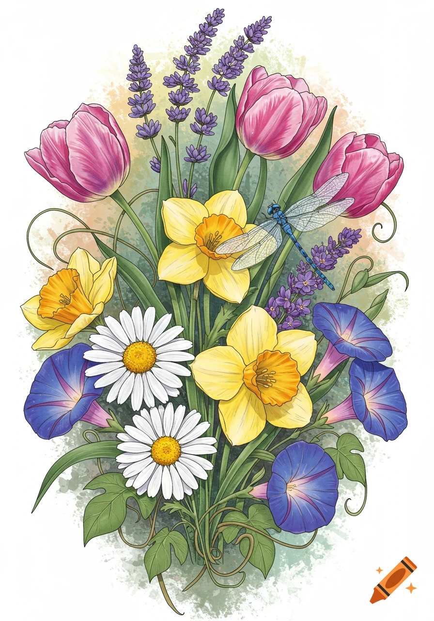A colorful illustrated bouquet with pink tulips, yellow daffodils, white daisies, blue morning glories, purple lavender, and a blue dragonfly.