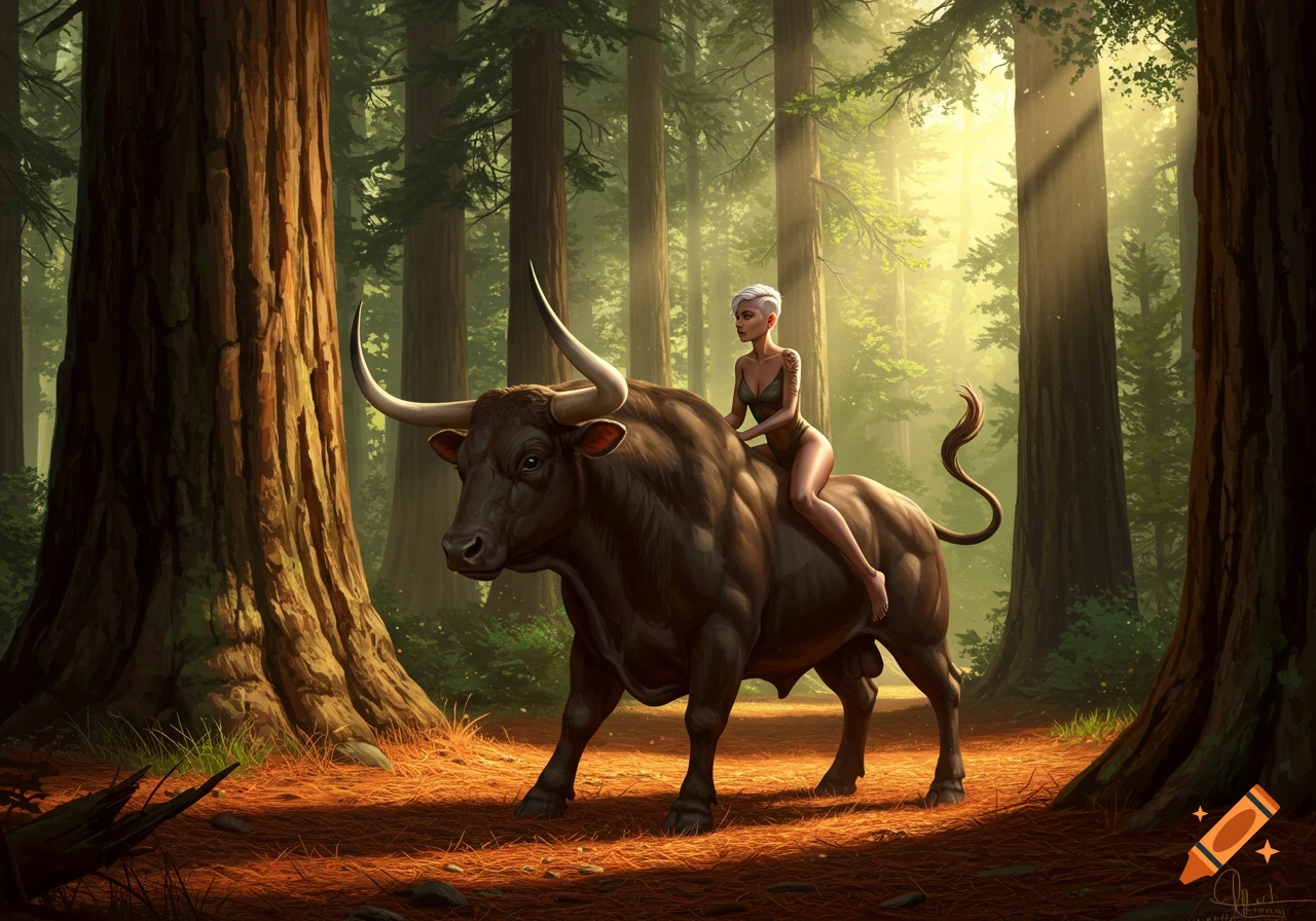 A woman with short white hair rides a majestic brown bull through a sunlit redwood forest.