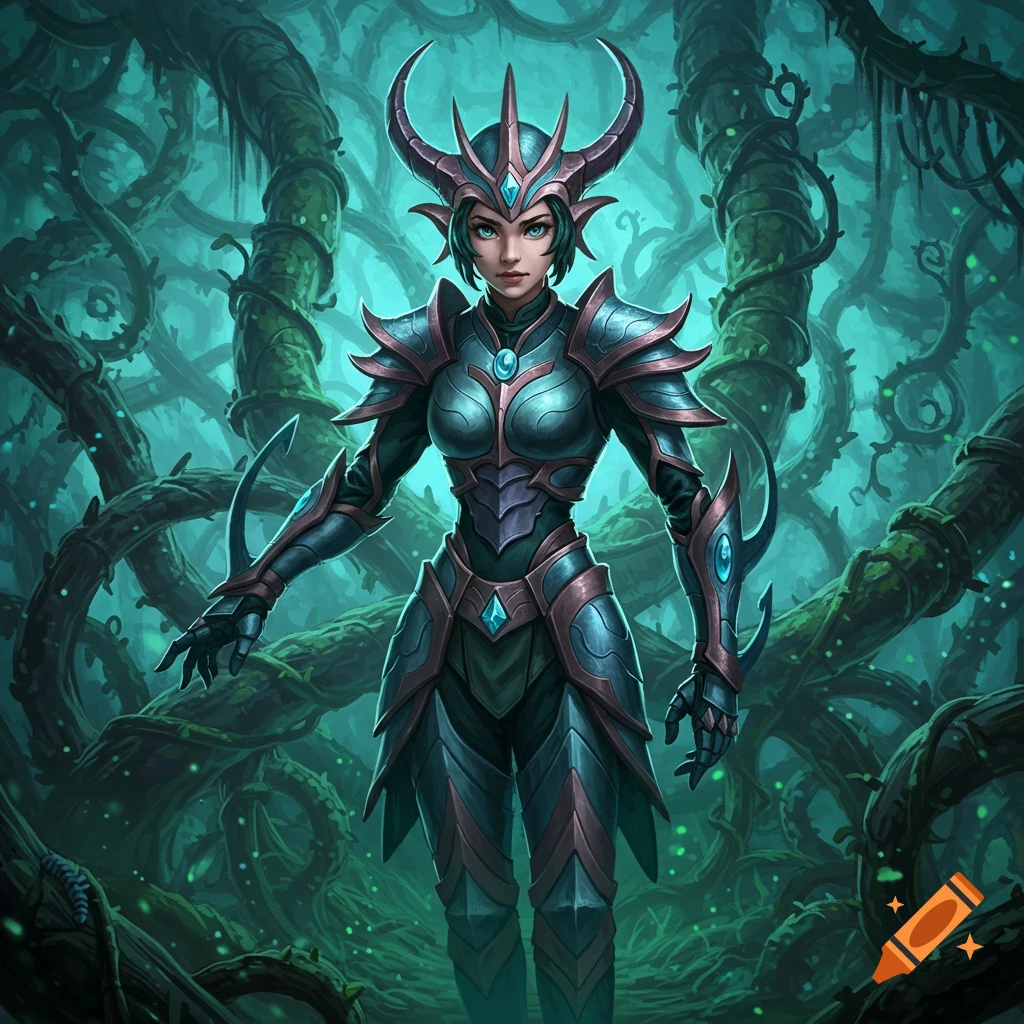 A warrior woman in blue and bronze armor with a horned helmet stands in a dark, vine-filled forest with glowing green particles.