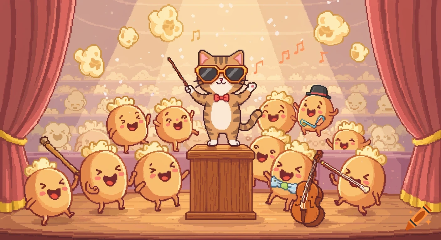 Pixel art cartoon of a cool cat in sunglasses directing an orchestra of laughing popcorn characters on stage.