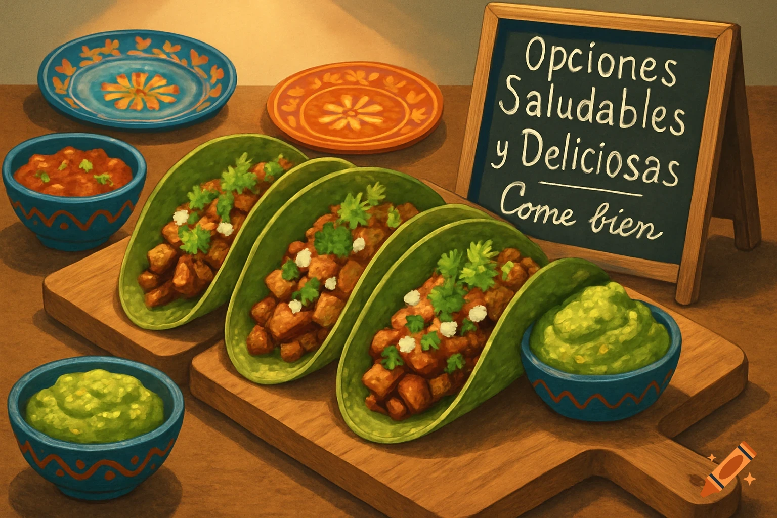 Three green-shelled tacos filled with meat, cheese, and cilantro, served on a wooden board with bowls of guacamole and salsa, decorative plates, and a chalkboard sign reading "Opciones Saludables y Deliciosas Come bien" (Healthy and Delicious Options Eat well) in an illustrative style.