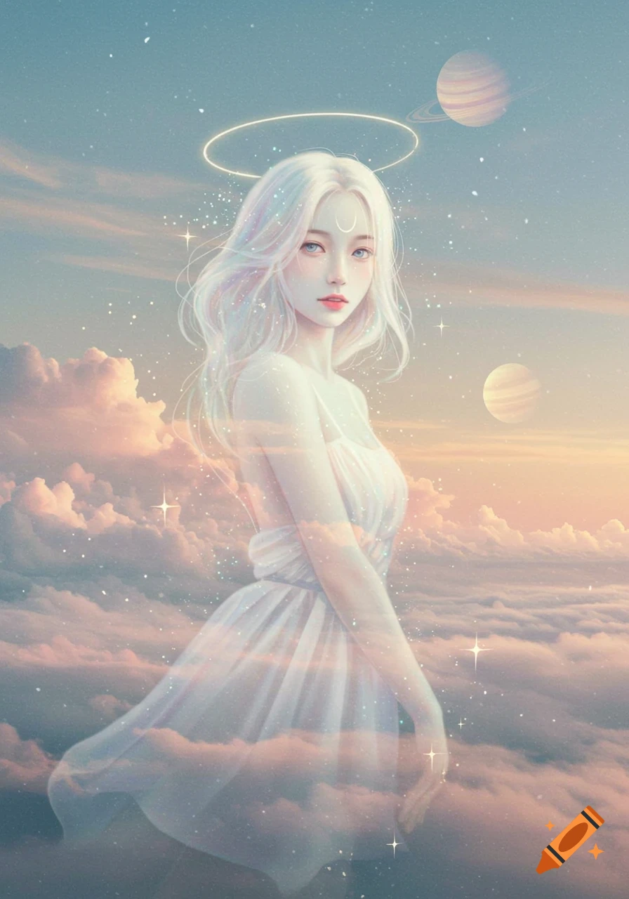 Ethereal woman with white hair and a glowing halo stands amidst clouds and stars, with planets in the sky, in a dreamy digital art style.