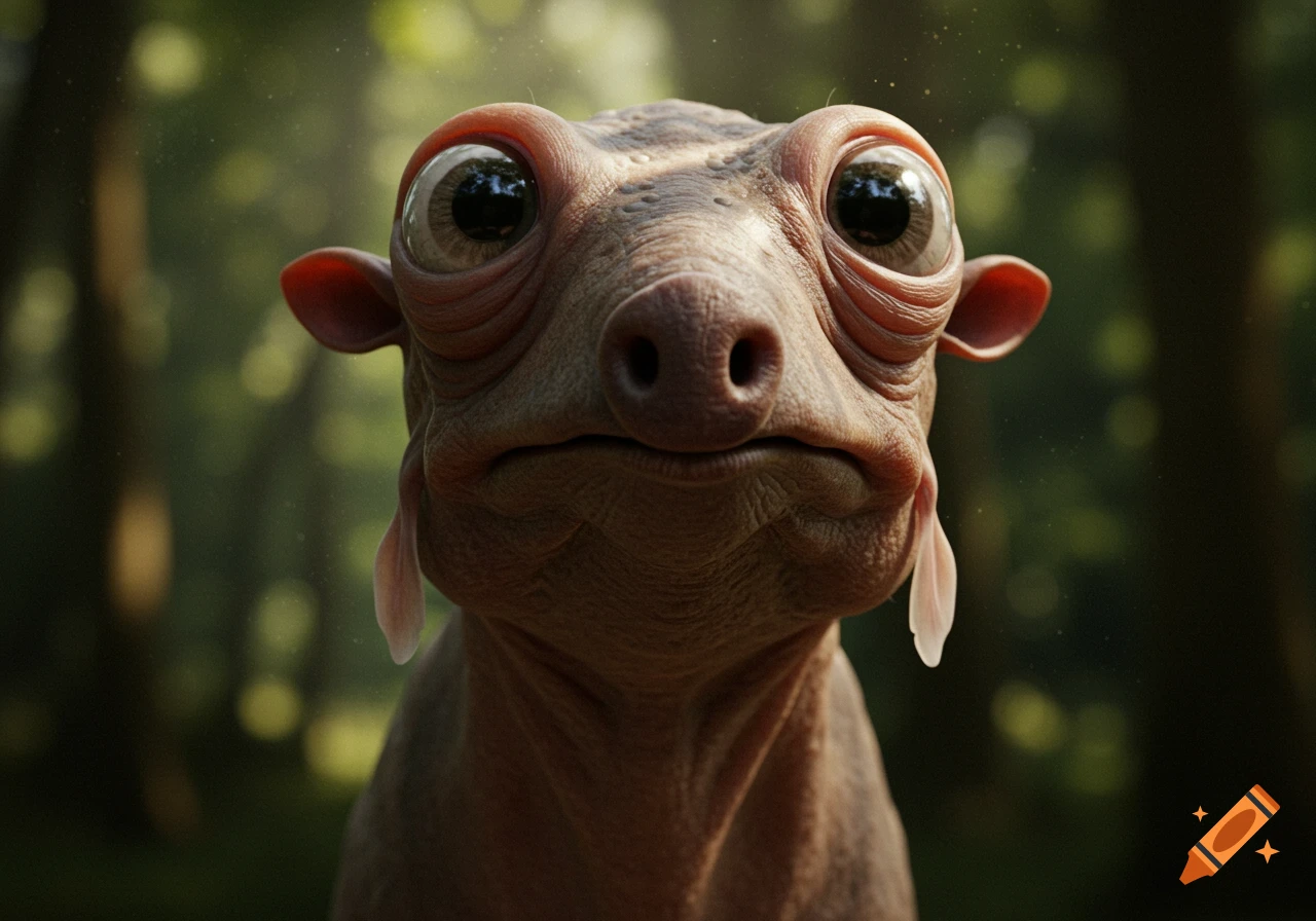Close-up photorealistic portrait of a strange, hairless mammal with large, bulging eyes and small ear flaps, set against a blurred forest background.