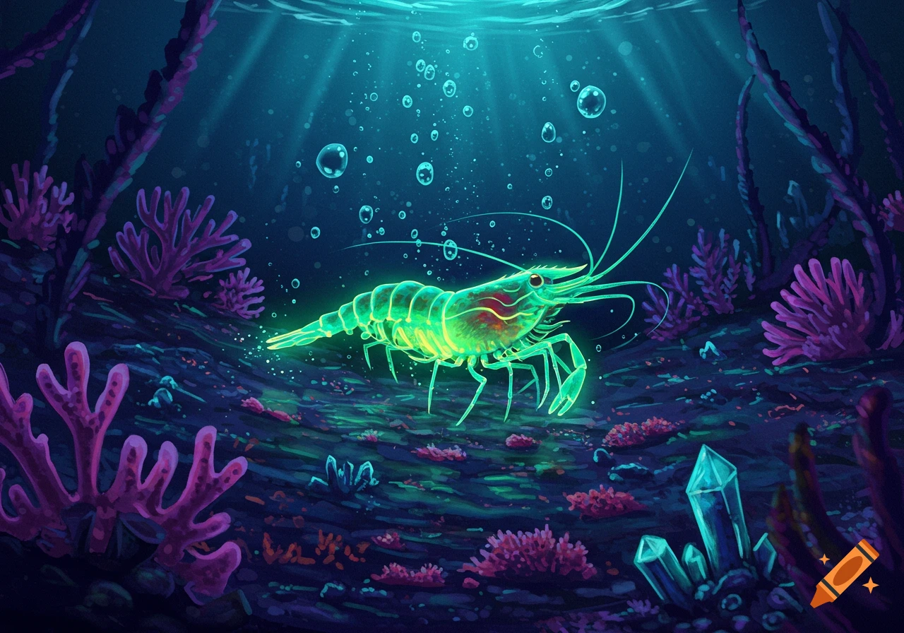 A vibrant, glowing green shrimp swims in a dark blue underwater scene with purple and red coral, green plants, and bubbles.