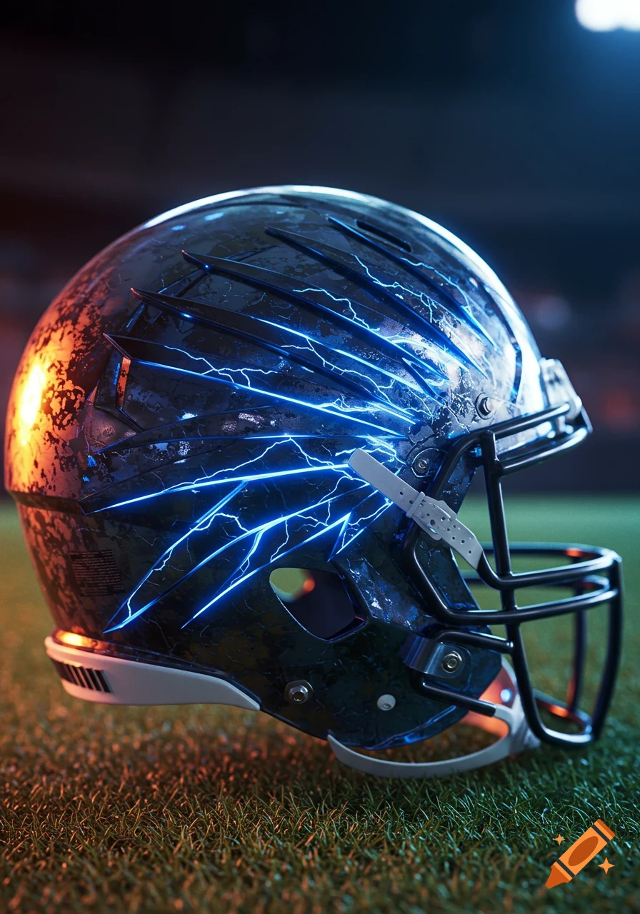 A photorealistic dark football helmet adorned with glowing blue lightning patterns, resting on green grass against a dark background.