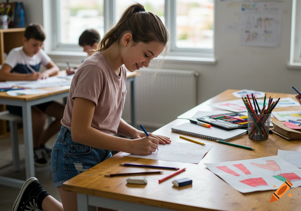 A young girl with a ponytail draws on paper with colored pencils at a wooden table in a classroom, surrounded by art supplies. Other children are in the background.
