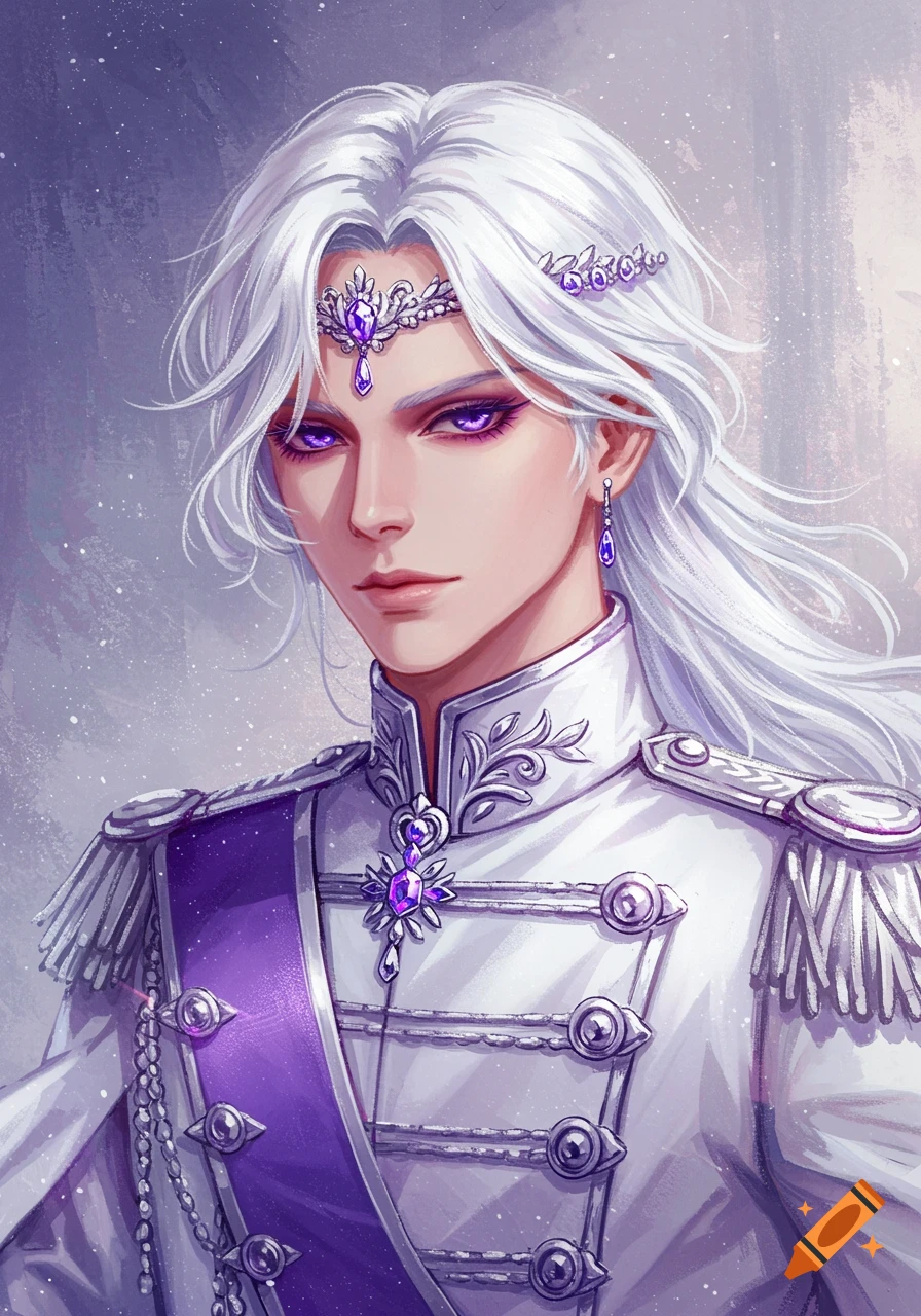 An anime man with long white hair, purple eyes, wearing a white and purple military coat with silver adornments and a silver tiara.
