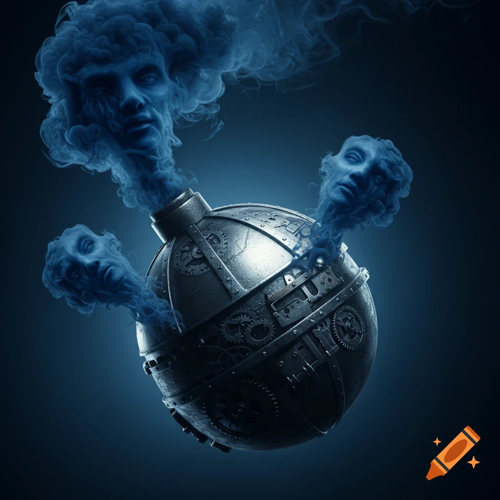 A detailed, metallic spherical object adorned with gears and rivets, emitting blue smoke that forms ethereal human faces.