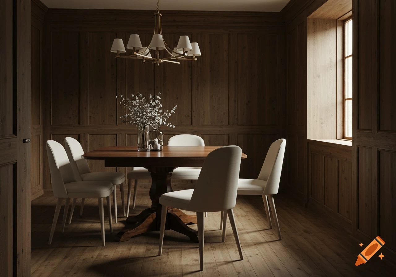 A photorealistic image of a dining room with a walnut table, cream chairs, wood-paneled walls, and a chandelier.