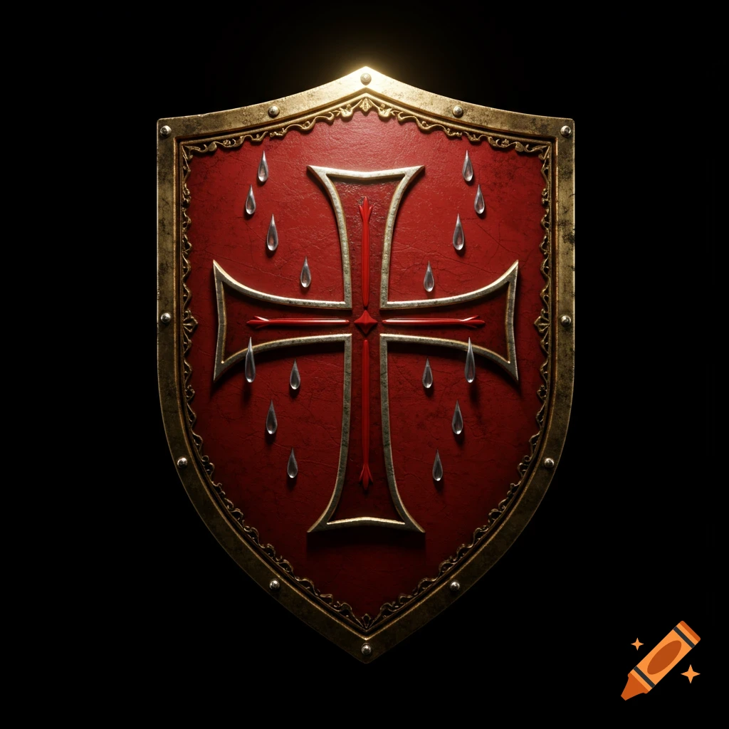 A red and gold crusader shield with a cross design, adorned with shimmering tears, against a black background.