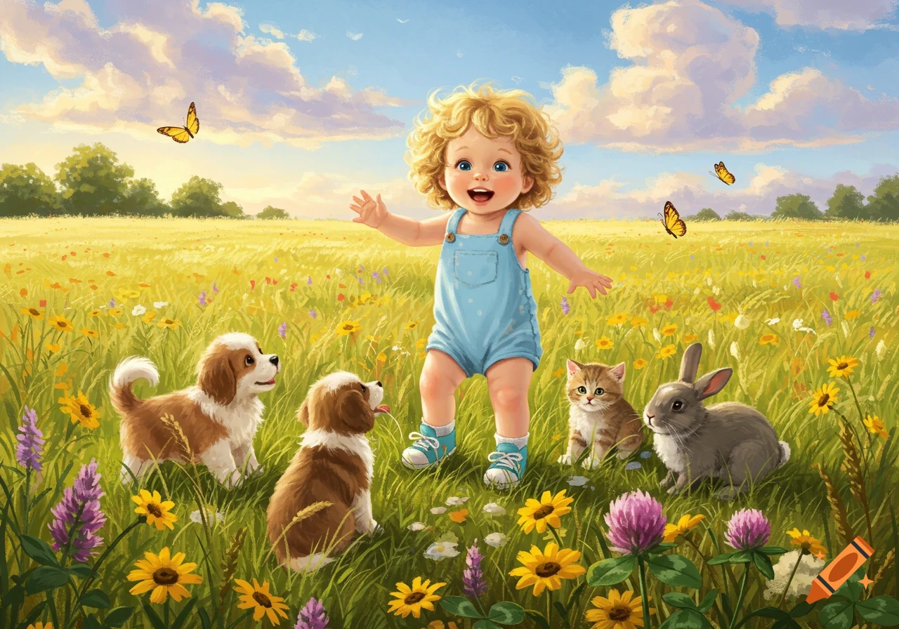A cheerful toddler in blue overalls stands in a vibrant field of wildflowers with two puppies, a kitten, and a rabbit, under a sunny sky.