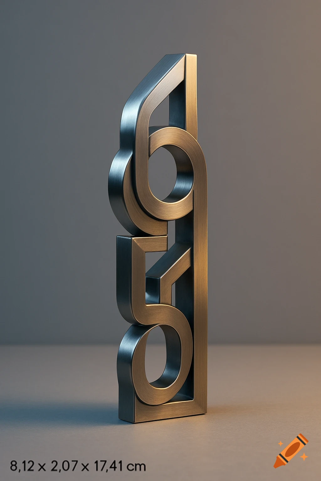 A metallic sculpture featuring interconnected geometric shapes, standing upright against a gradient grey background.