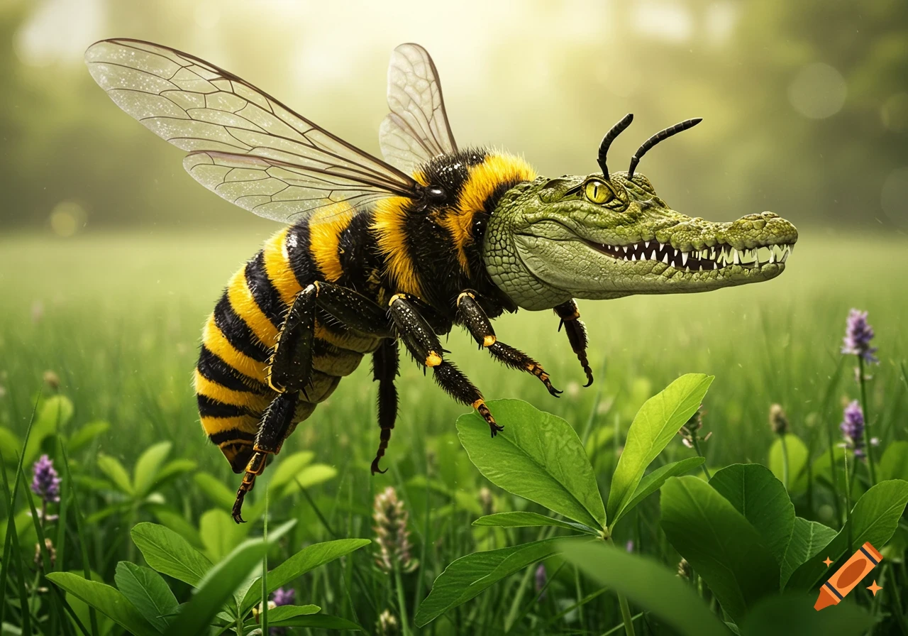 A photorealistic hybrid creature, half bee, half crocodile, hovering above green foliage.