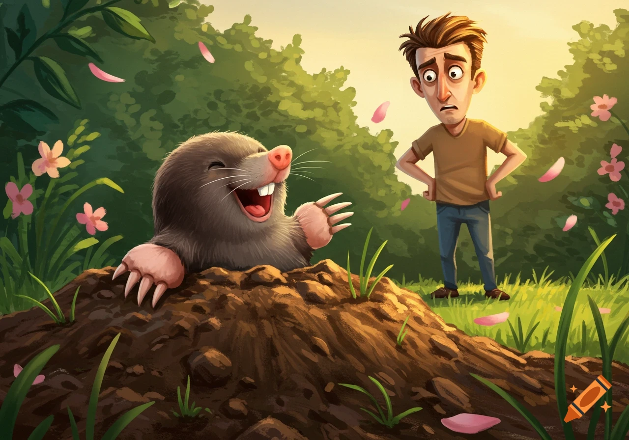 A cartoon mole laughs from a dirt mound while an upset man stands in a yard with falling pink petals.