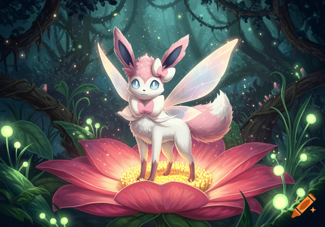 A fairy-like Sylveon with glowing wings stands on a large pink flower in an enchanted forest with sparkling lights, in an illustrated style.