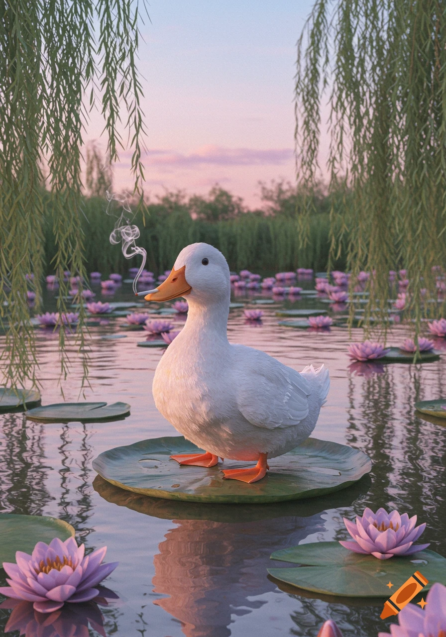 A white duck stands on a lily pad in a pond, smoking a cigarette, with pink water lilies and willow trees at sunset.