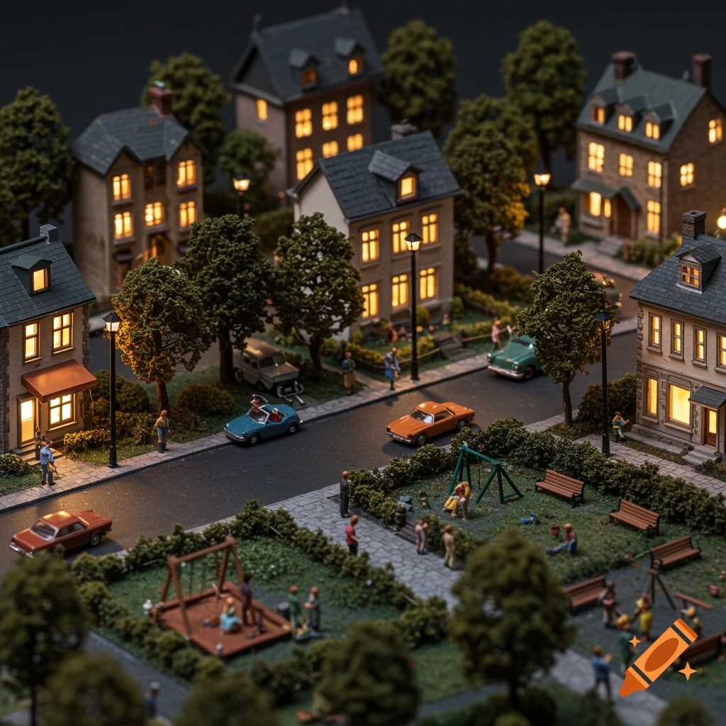 A detailed miniature town scene with tiny houses, trees, people, cars, and parks under warm glowing lights from windows.