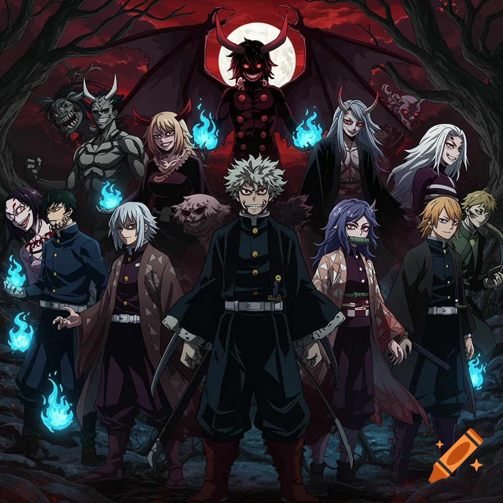 A large group of anime villains, some with horns and glowing blue flames, stand in a dark, red forest under a full moon.
