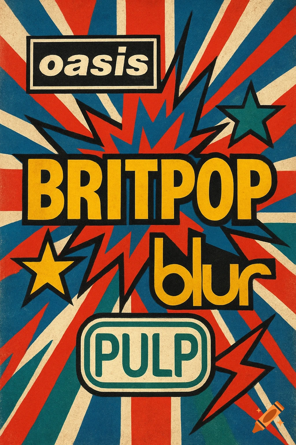 Retro-style Britpop music poster with 'Oasis', 'BRITPOP', 'Blur', 'Pulp' text on a radial red, white, and blue background.