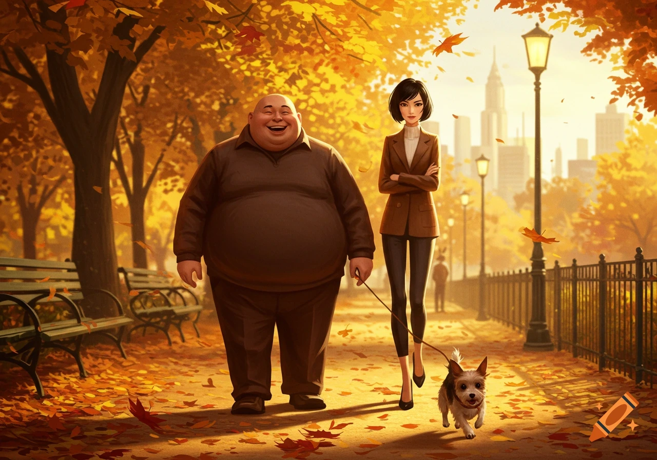 A smiling, overweight bald man and a woman walk a small dog through an autumn park filled with golden leaves, with city buildings in the distance. Illustrated style.