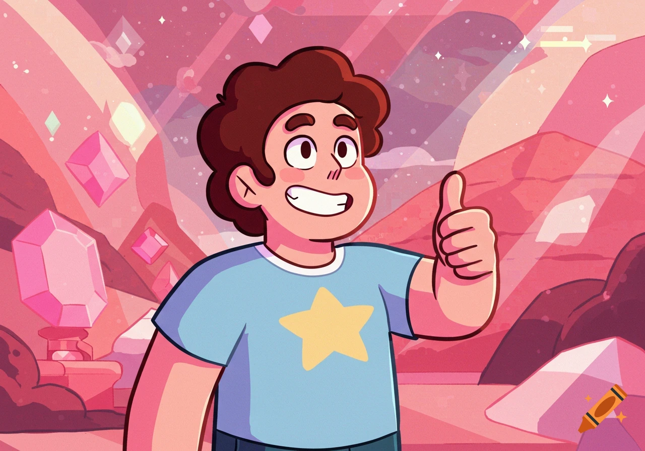 Cartoon character Steven Universe gives a thumbs up in a pink landscape with large gems.