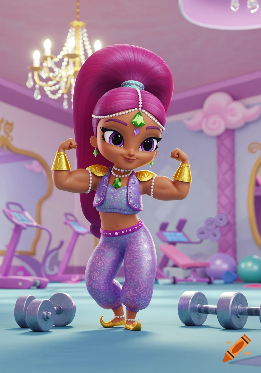 A purple-haired cartoon genie character, similar to Shimmer from Shimmer and Shine, flexes her muscular arms in a pink gym with dumbbells on the floor.
