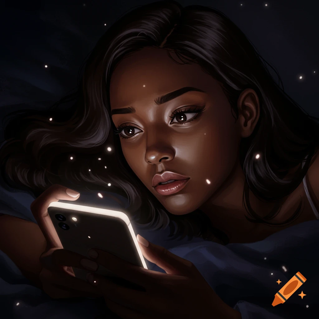 Digital art of a dark-skinned woman with a confused look, lying in bed in the dark, illuminated by her bright phone screen.