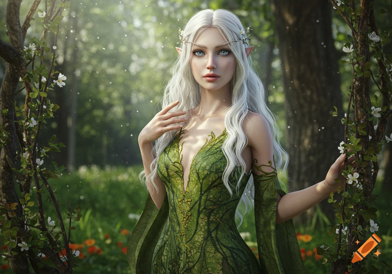 A photorealistic image of a beautiful elf woman with long white hair and blue eyes, wearing a green leaf-like dress, standing in a sunlit enchanted forest.