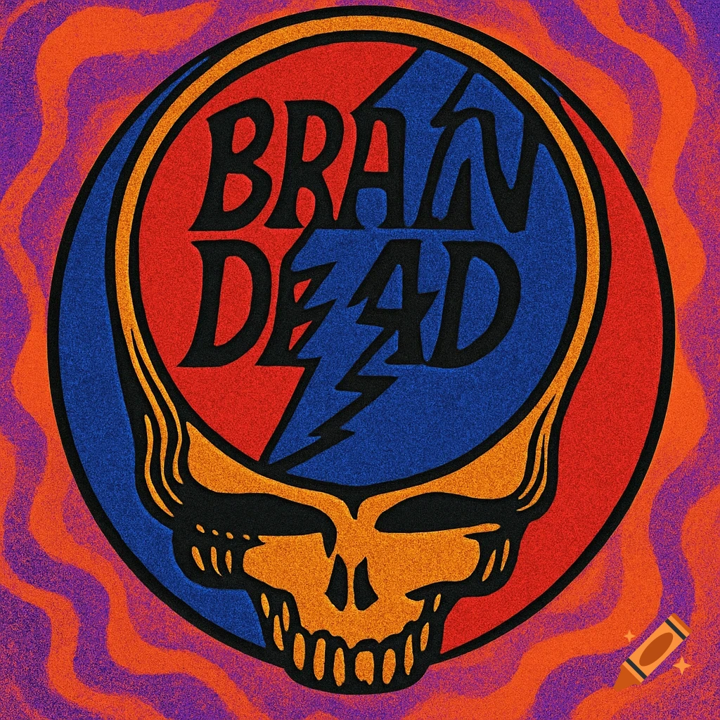 A stylized logo features an orange skull with a lightning bolt in blue and red, reading 'BRAIN DEAD' in black text. The image has a grainy texture with a wavy orange and purple background.