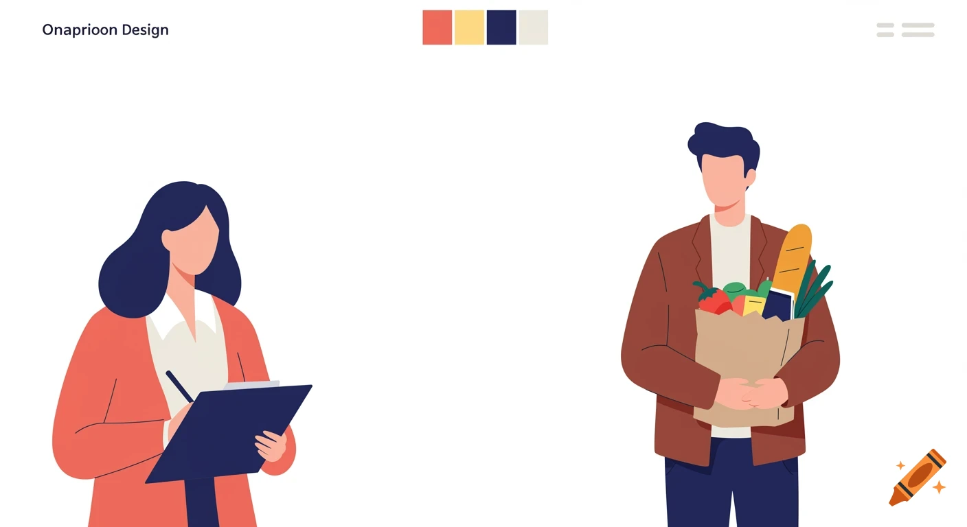 Stylized illustration of a woman writing on a clipboard and a man holding a grocery bag, set on a white background.