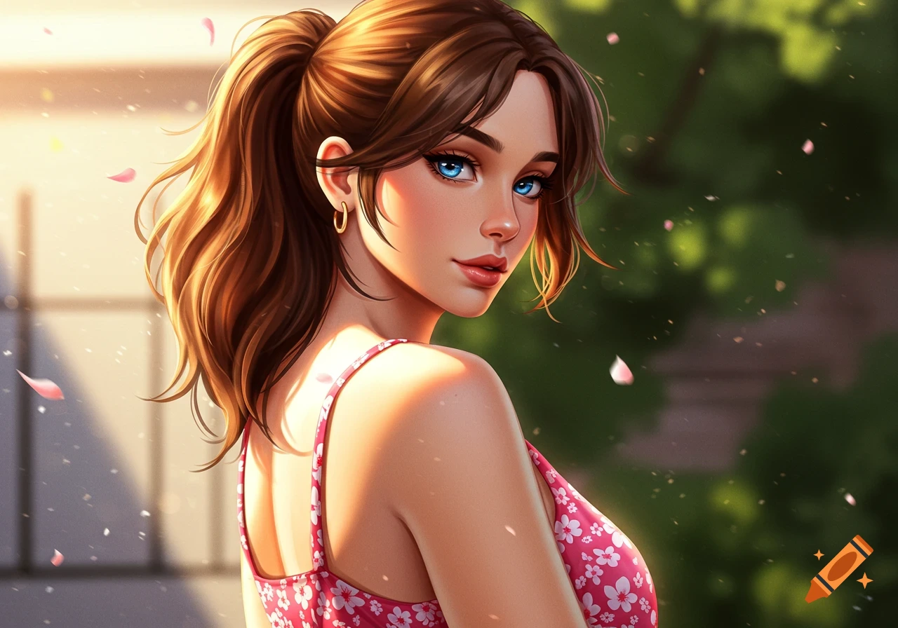 A CGI portrait of a woman with brown hair in a ponytail and blue eyes, wearing a pink flowery sundress, looking over her shoulder.