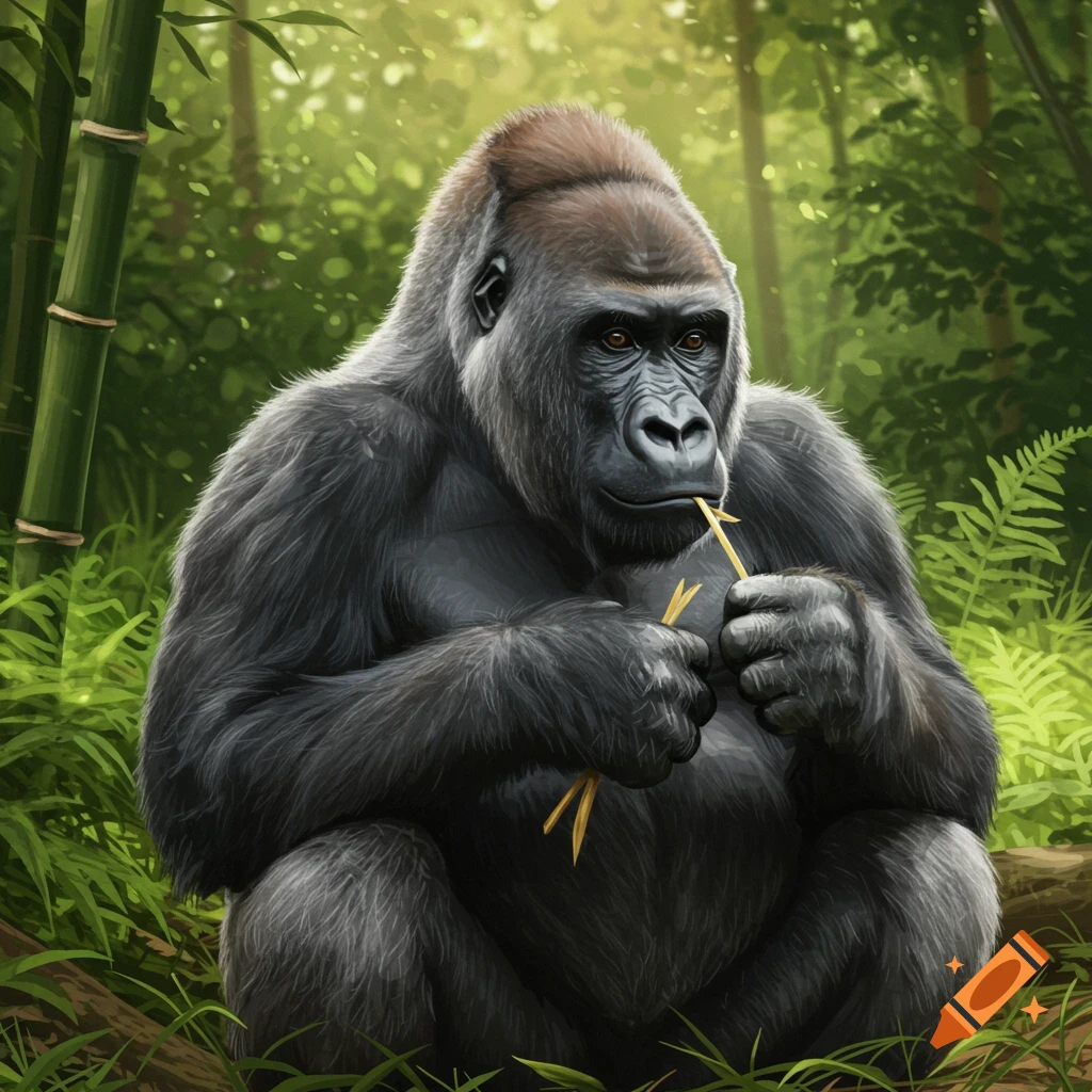 A large gorilla with dark fur sits in a verdant jungle, holding two yellow bamboo shoots.