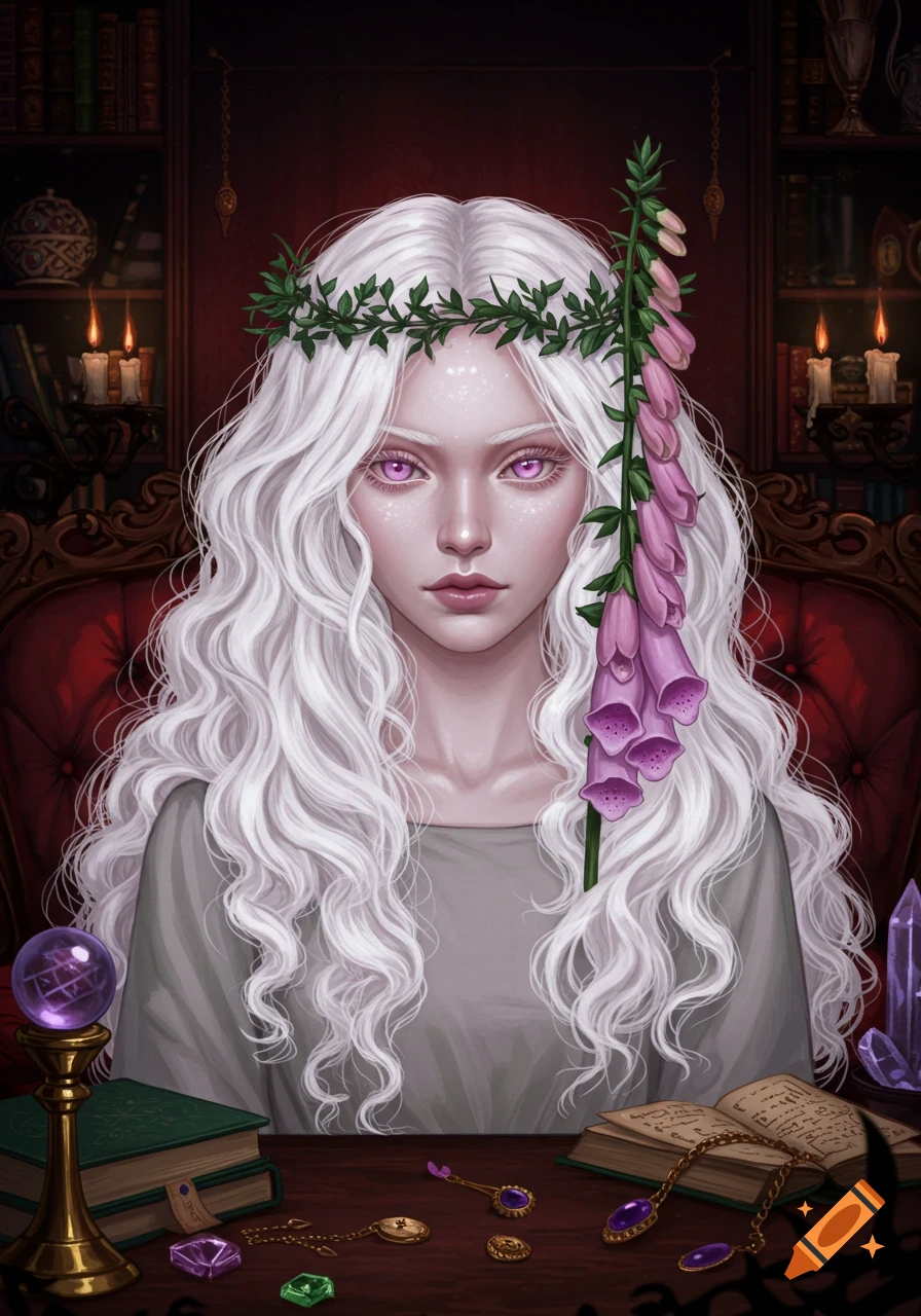 A fantasy illustration of a woman with white hair and pink eyes, wearing a foxglove wreath, seated at a table with occult items.