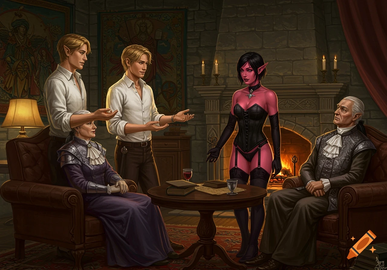 A young man introduces a red-skinned female elf in a black corset to his noble parents in a lavish, candlelit room.