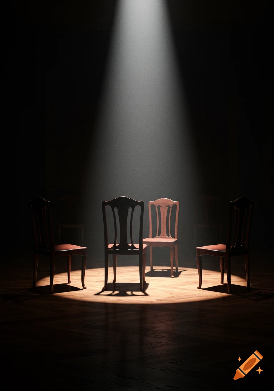 Four wooden chairs illuminated by a single spotlight on a dark wooden floor in a dark room.