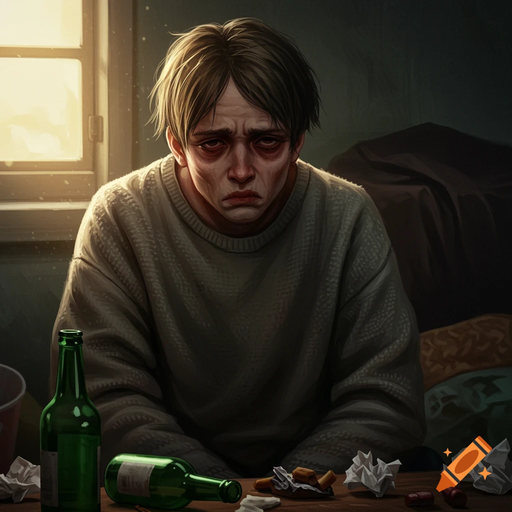 A pale, miserable man with dark circles under his eyes sits at a table with empty alcohol bottles.
