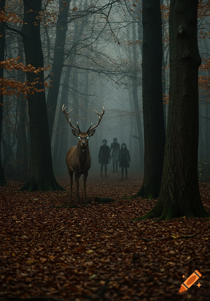 A deer with glowing blue eyes stands among fallen leaves in a misty, dark forest with blurred figures in the background.