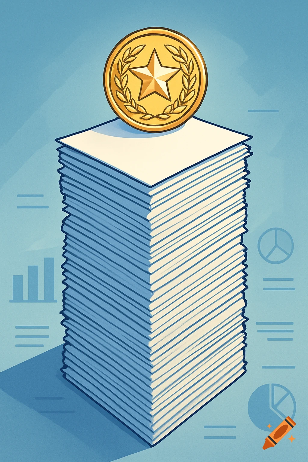 An infographic illustration of a tall stack of papers with a gold medal featuring a star and laurel wreath on top, against a blue background.