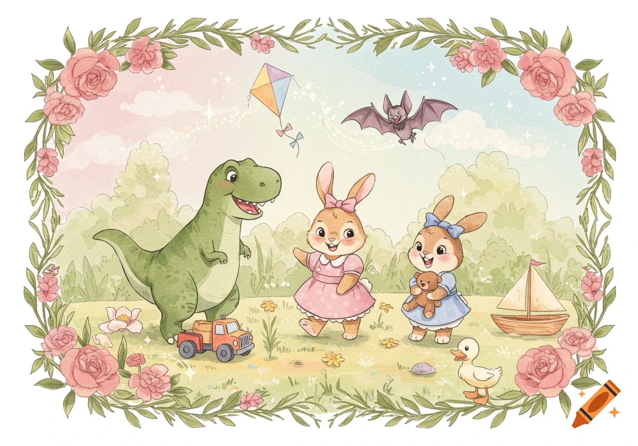 A whimsical watercolor illustration of a green T-Rex, two bunnies, a bat, and a duck playing in a floral setting.