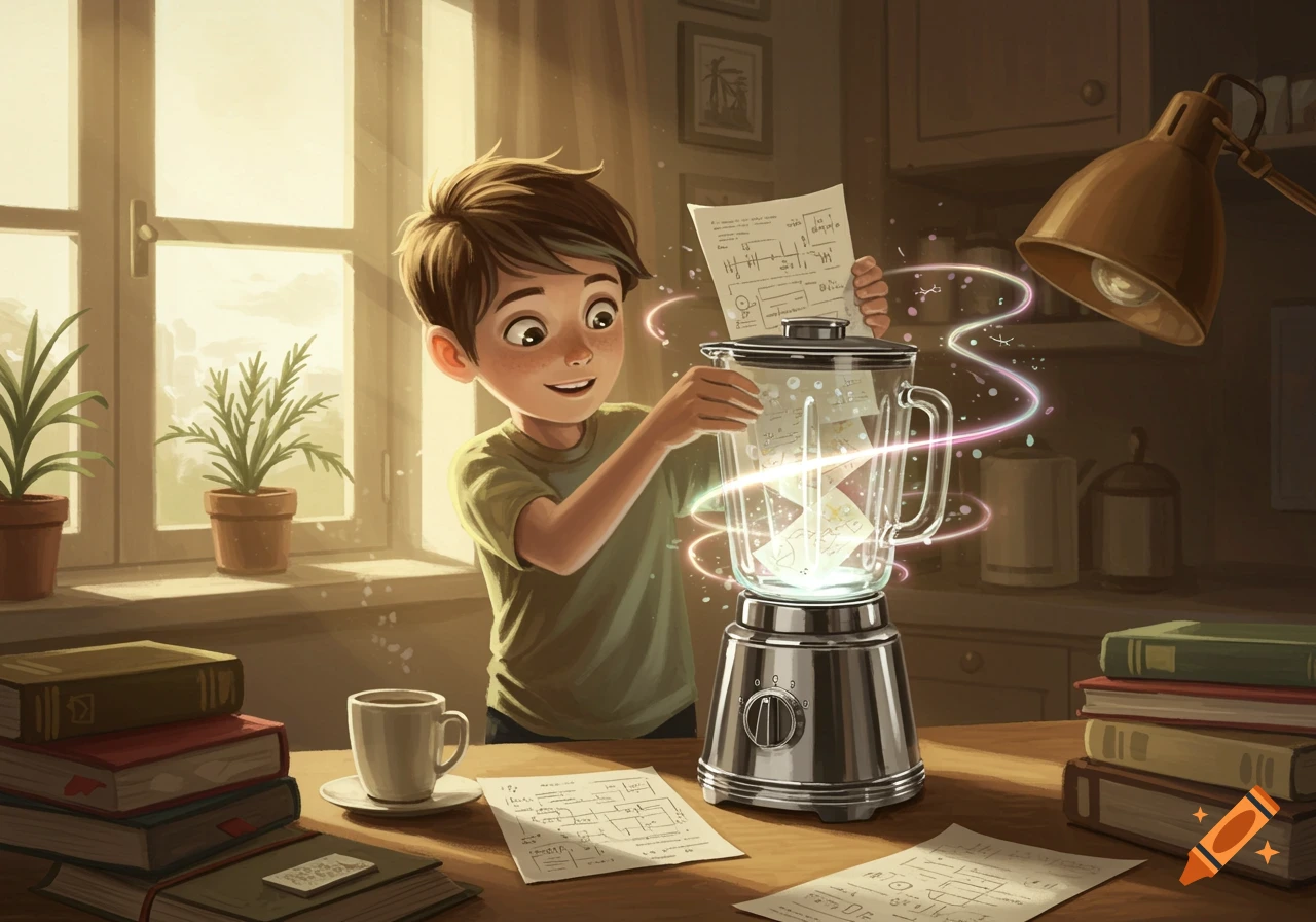 A boy with brown hair is putting papers into a blender from which magical light and swirls emanate, in a sunlit room with books.