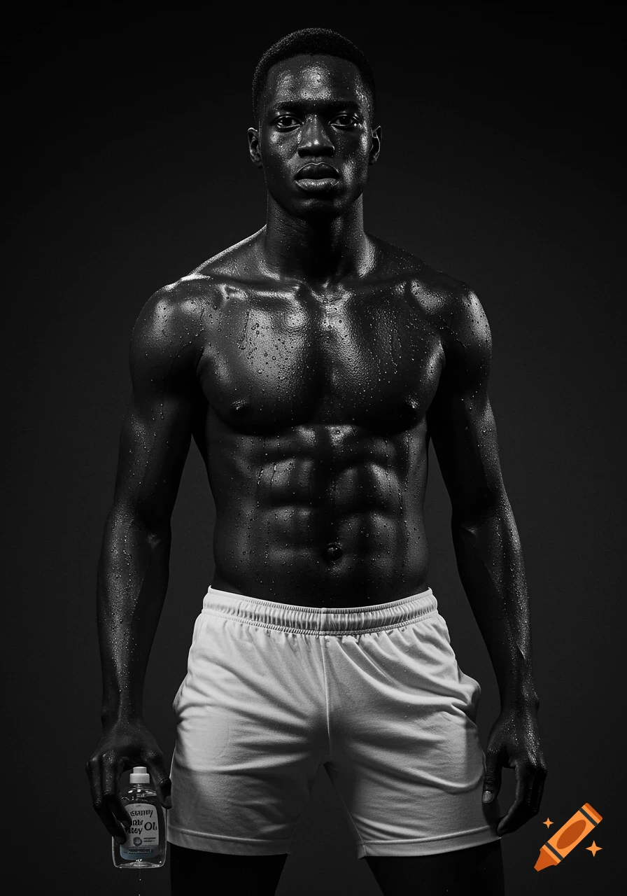 Black and white portrait of a muscular, wet African-American man holding a bottle of baby oil.