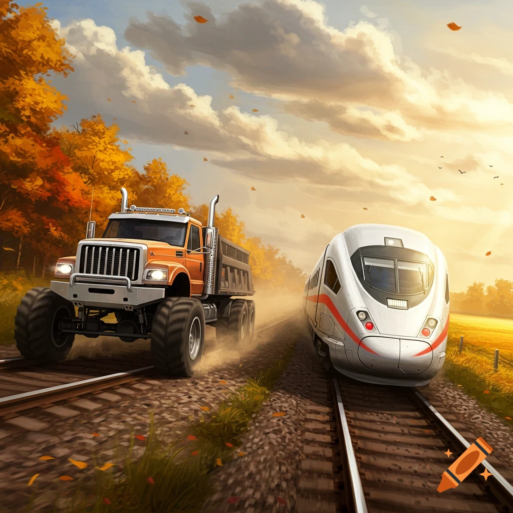 An orange monster truck races a white train side-by-side on tracks through an autumn landscape with falling leaves.