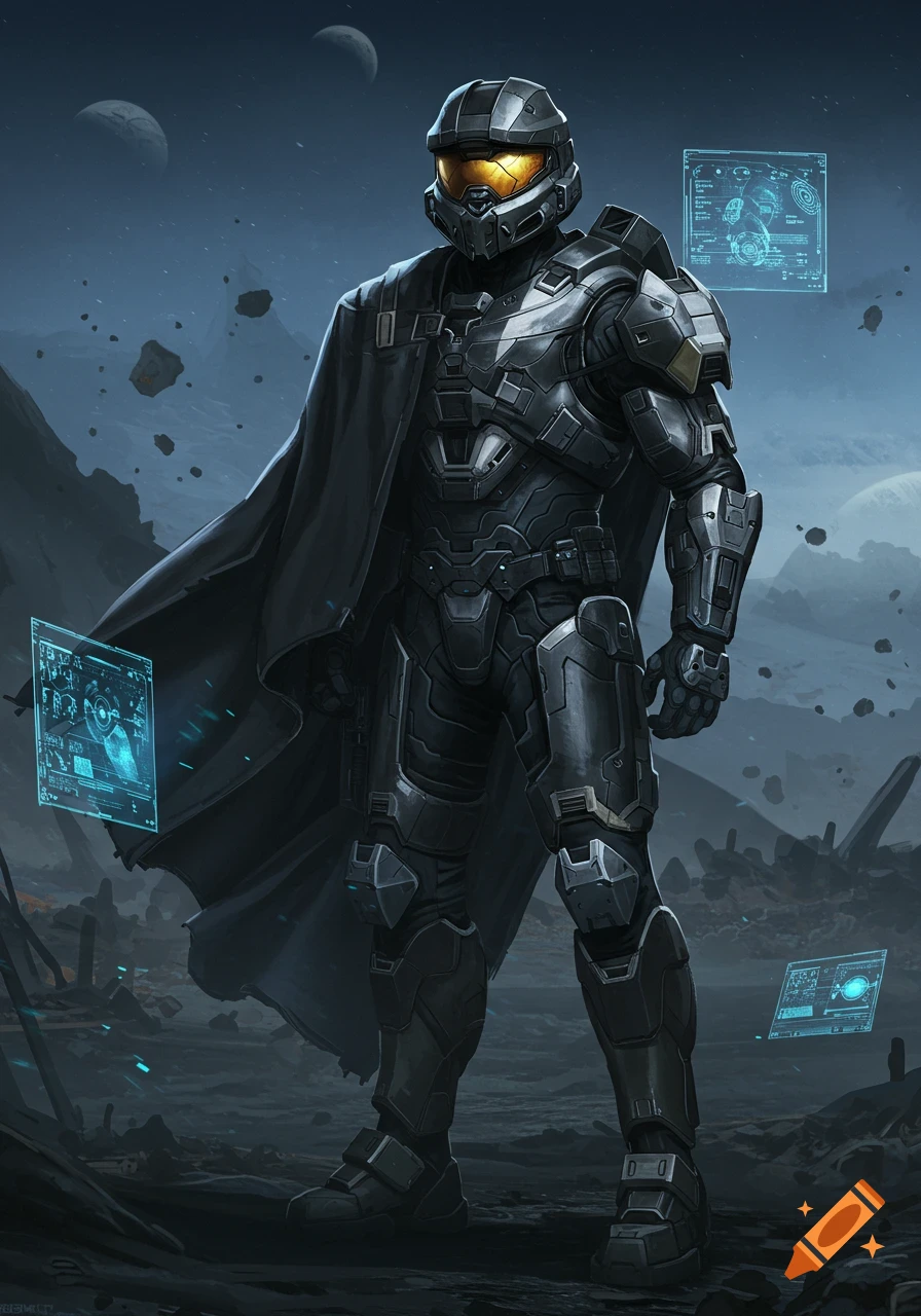 A black and silver Halo Spartan in a cape stands in a desolate, alien landscape with floating holographic screens.
