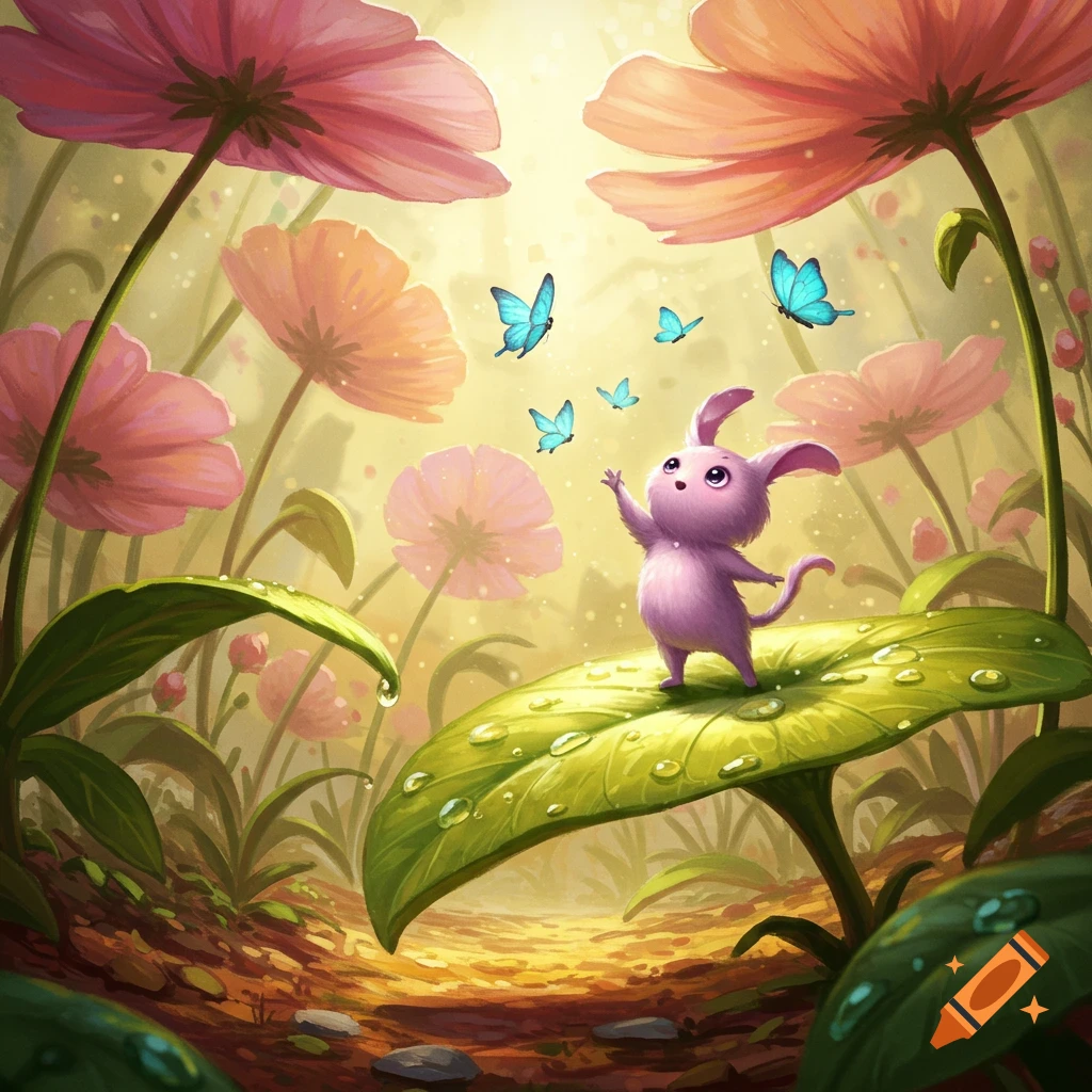 A cute pink creature stands on a dew-covered leaf, reaching for blue butterflies in a whimsical flower field with large pink blooms.