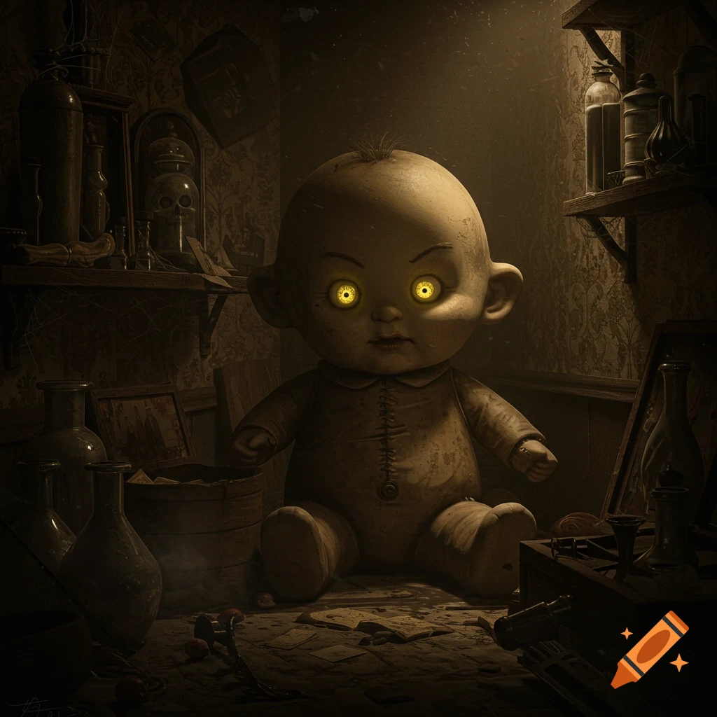 A creepy doll with glowing yellow eyes sits on the floor of a dark, dusty, cluttered room filled with old objects.