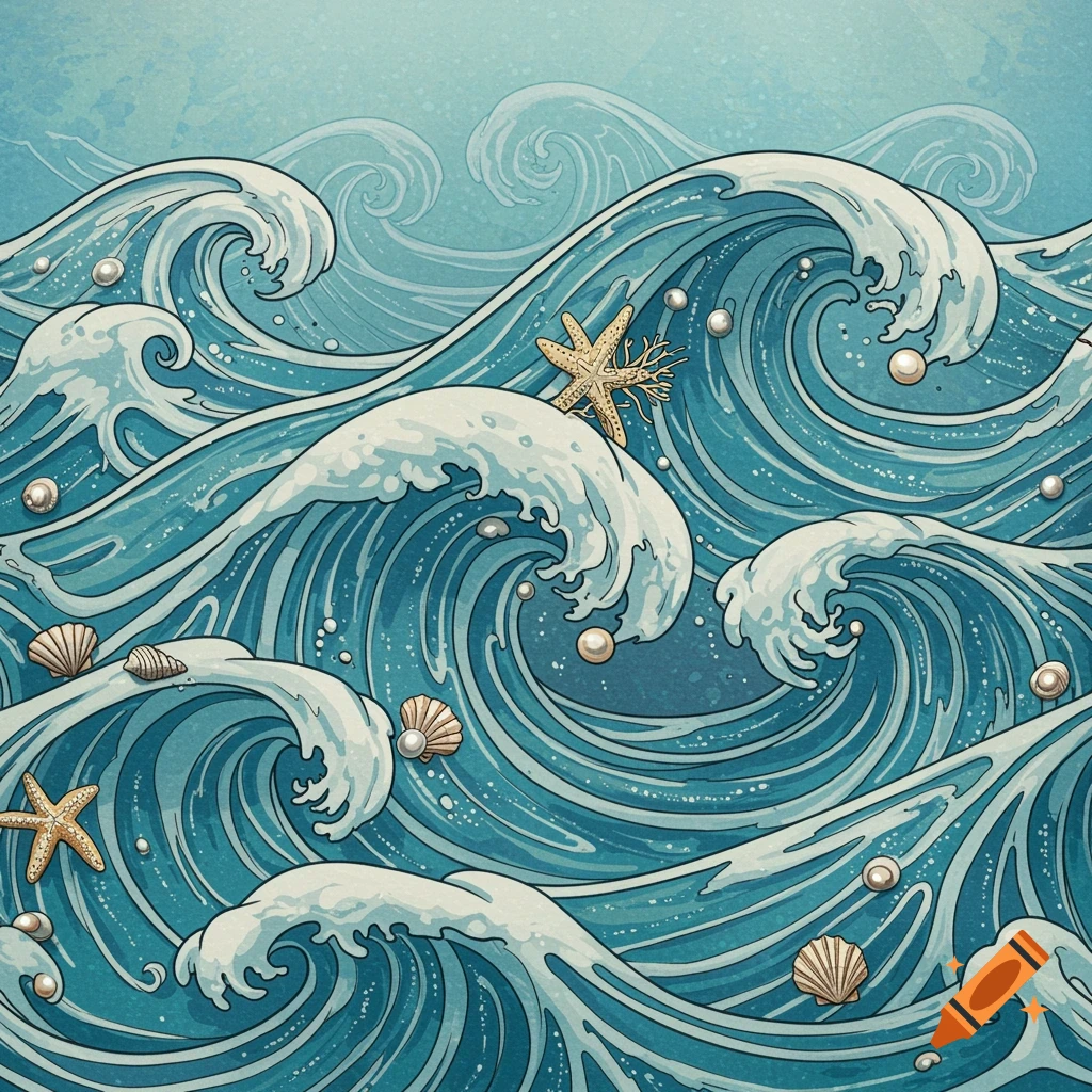 A decorative illustration of blue ocean waves with white foam, seashells, starfish, and pearls.