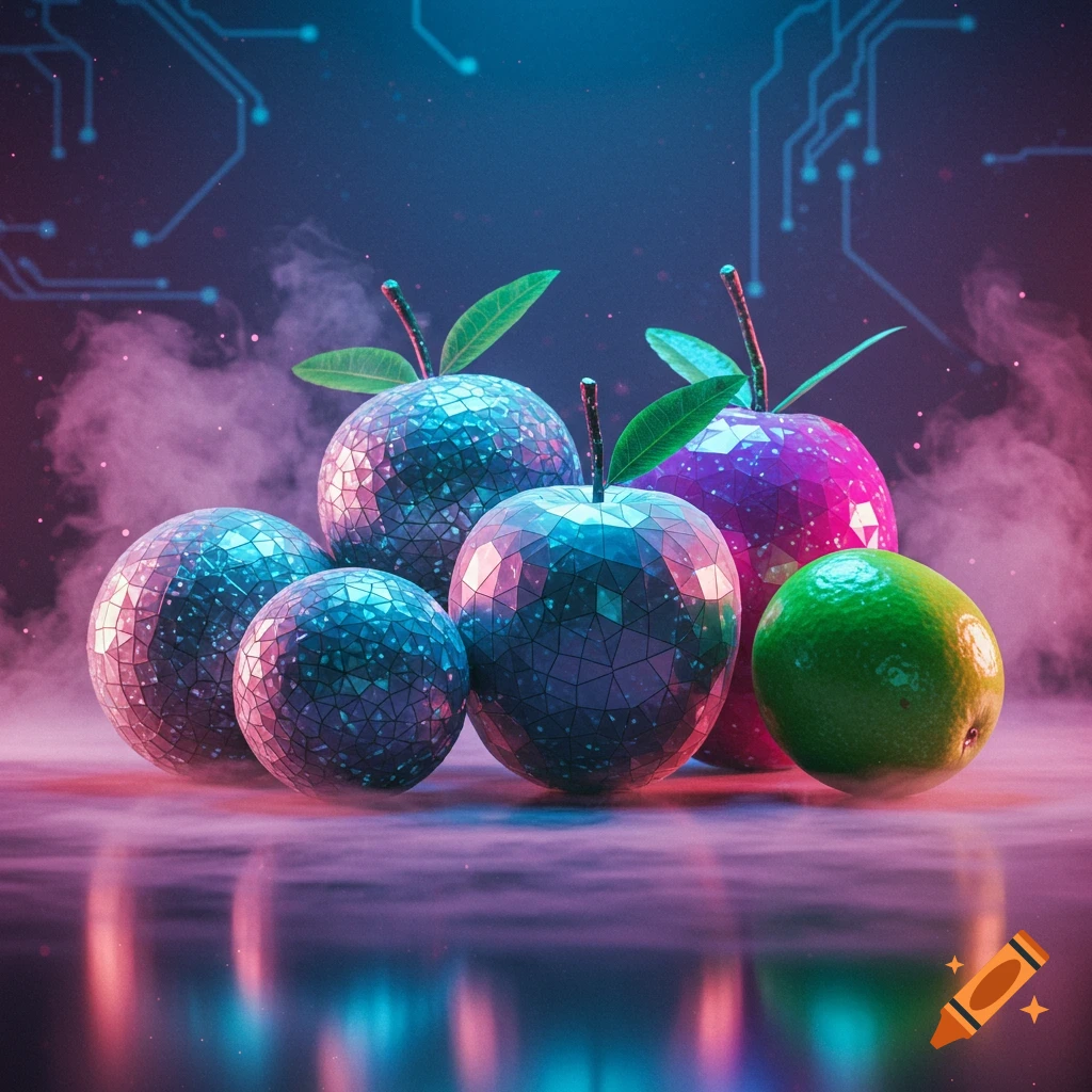Stylized disco ball apples and spheres with a lime on a misty surface, against a futuristic circuit board background with neon lighting.