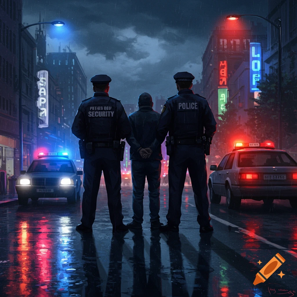 A digital painting of two police officers and a security officer standing with an arrested person on a rainy city street at night, with patrol cars and neon signs.