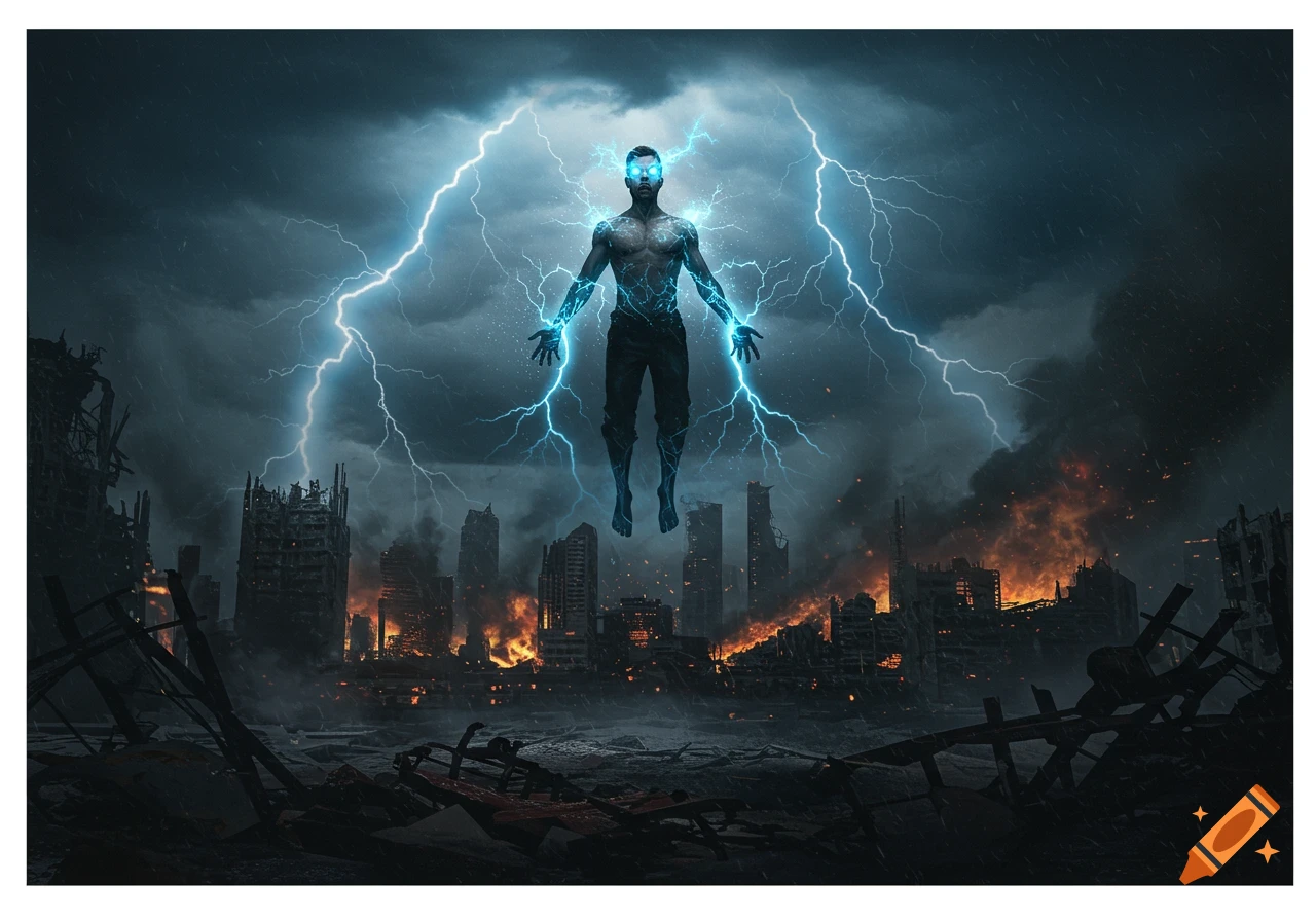 A powerful man with blue bio-electrical energy floats over a burning, destroyed city under a stormy, lightning-filled sky. Photorealistic.