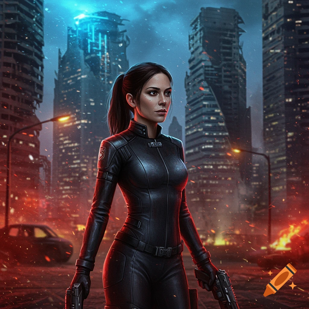 A woman in a black leather suit holding guns stands in a destroyed dystopian city with fires and blue-lit buildings at dusk.